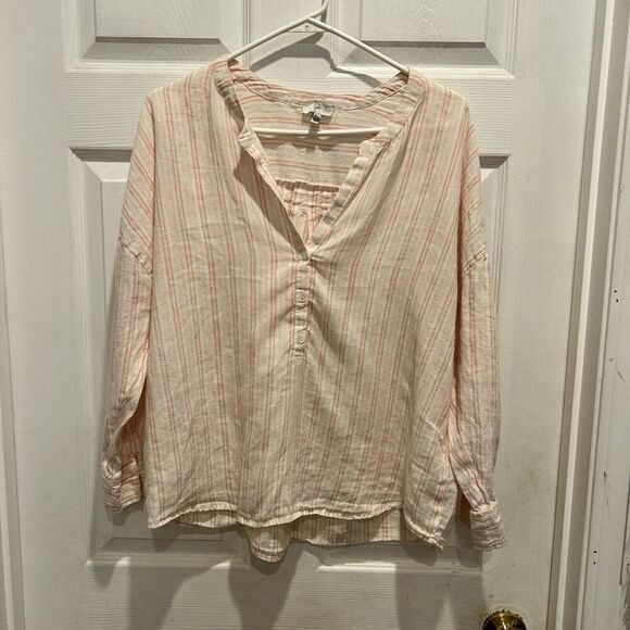 Joie Bekette Linen Blouse Shirt Womens Large Blush Sand‎ Pink Striped - Picture 1 of 8
